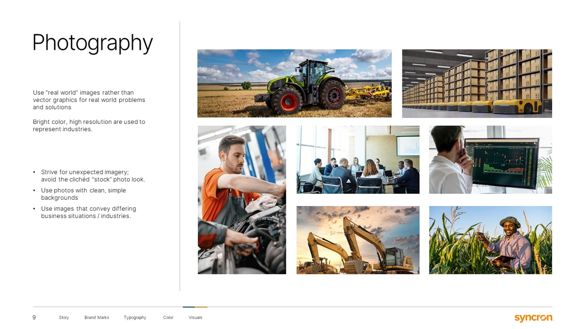 Professional presentation design photography guide, specifying industrial and corporate imagery styles for the Syncron brand.