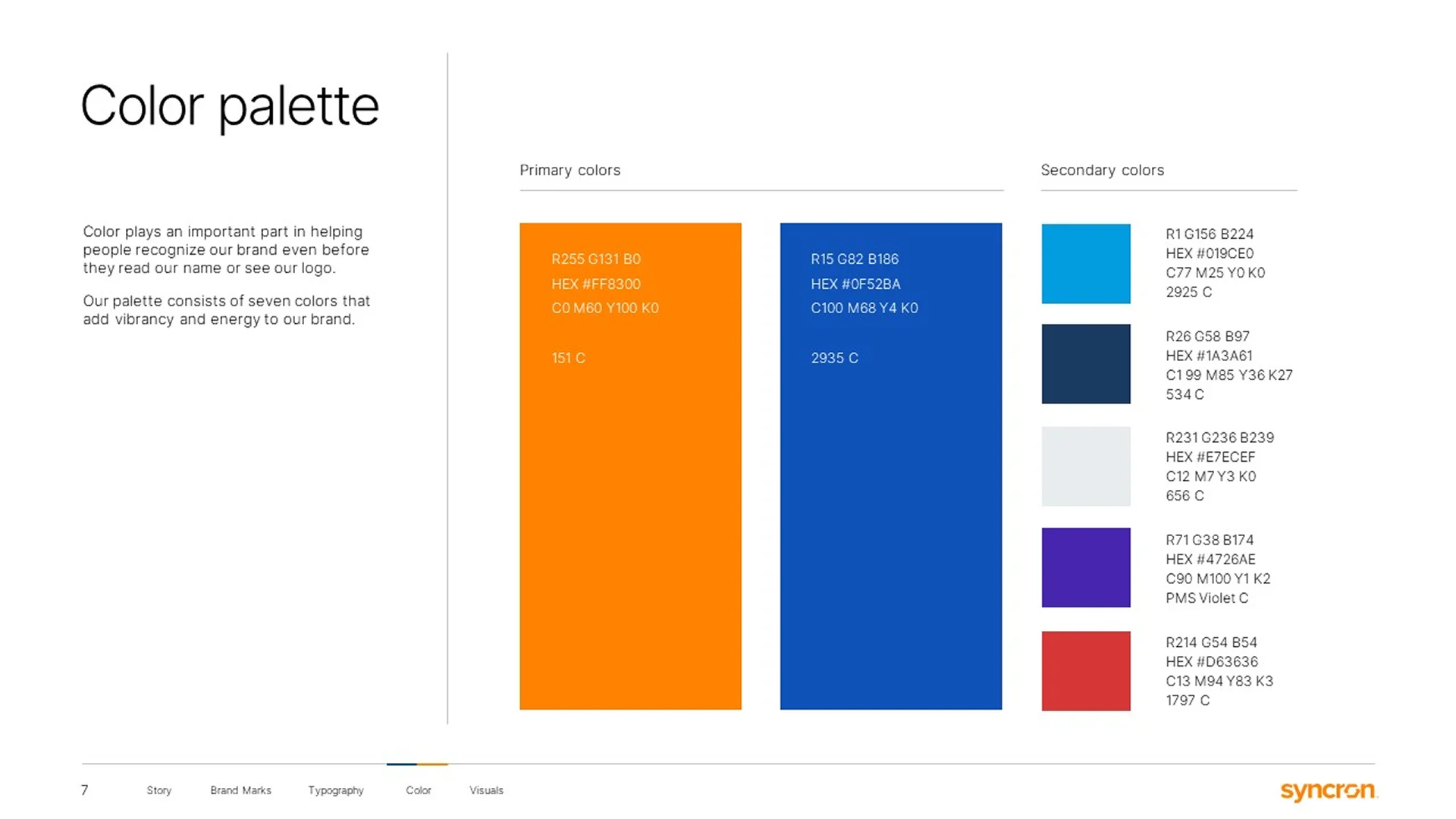 Presentation design firm color palette defining Syncron's primary orange and blue hex codes for consistent global branding.