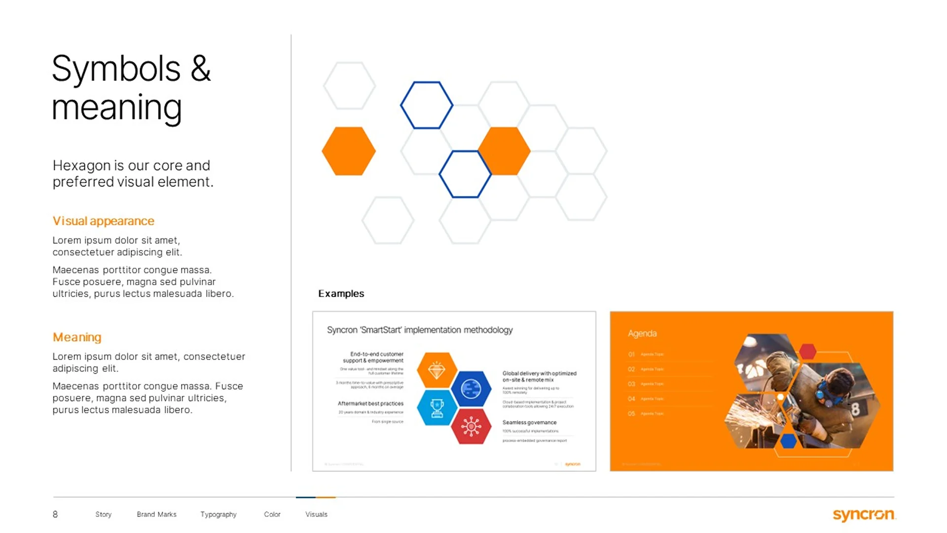 Enterprise presentation design guide defining the hexagon symbol's meaning as a core visual element for Syncron's brand identity.