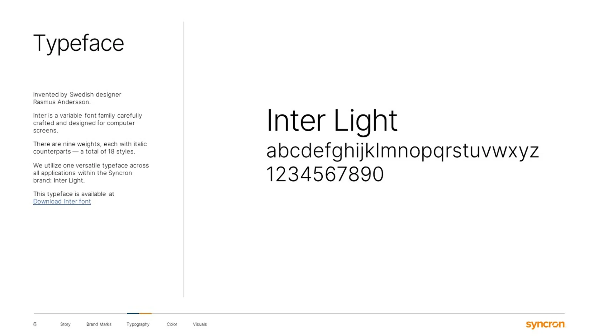 Corporate presentation design services typography standard specifying Inter Light as the primary font for digital and print assets.