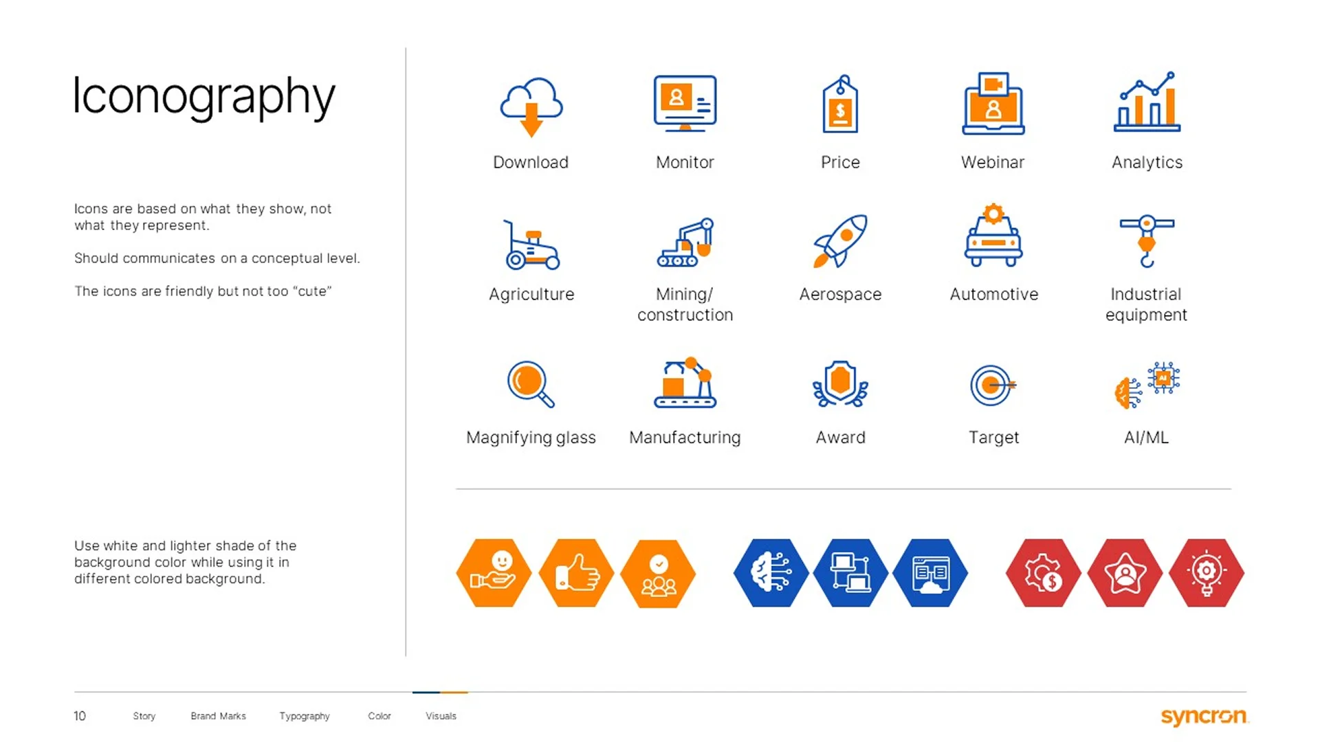 Powerpoint design agency custom icon set for Syncron, featuring industry-specific symbols for mining, aerospace, and automotive sectors.