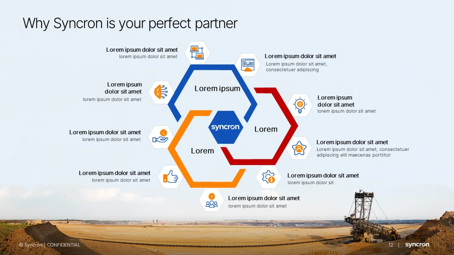 Enterprise presentation design comparison showing the transformation of text-heavy slides into a custom hexagonal infographic for Syncron.