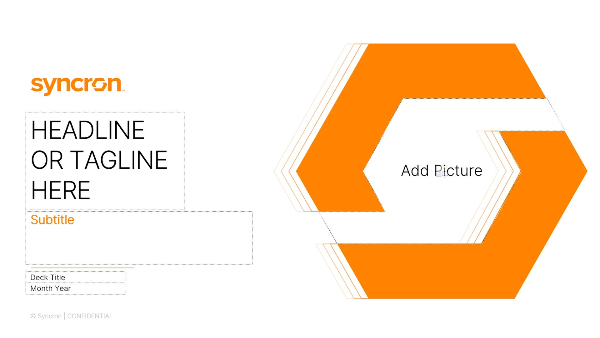 Enterprise presentation design master template cover for Syncron, featuring a picture placeholder within the brand's signature hexagon.