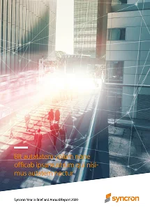 Enterprise presentation design for Syncron's Annual Report 2020 cover, featuring high-end corporate imagery and branding.