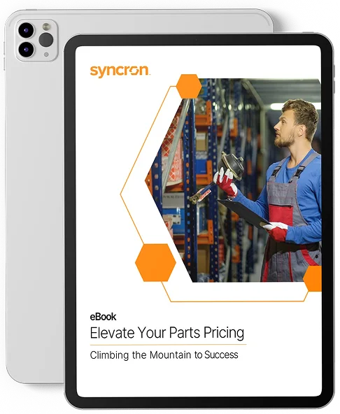 Enterprise presentation design eBook cover for Syncron titled "Elevate Your Parts Pricing", optimized for mobile viewing with brand-aligned hexagon visuals.