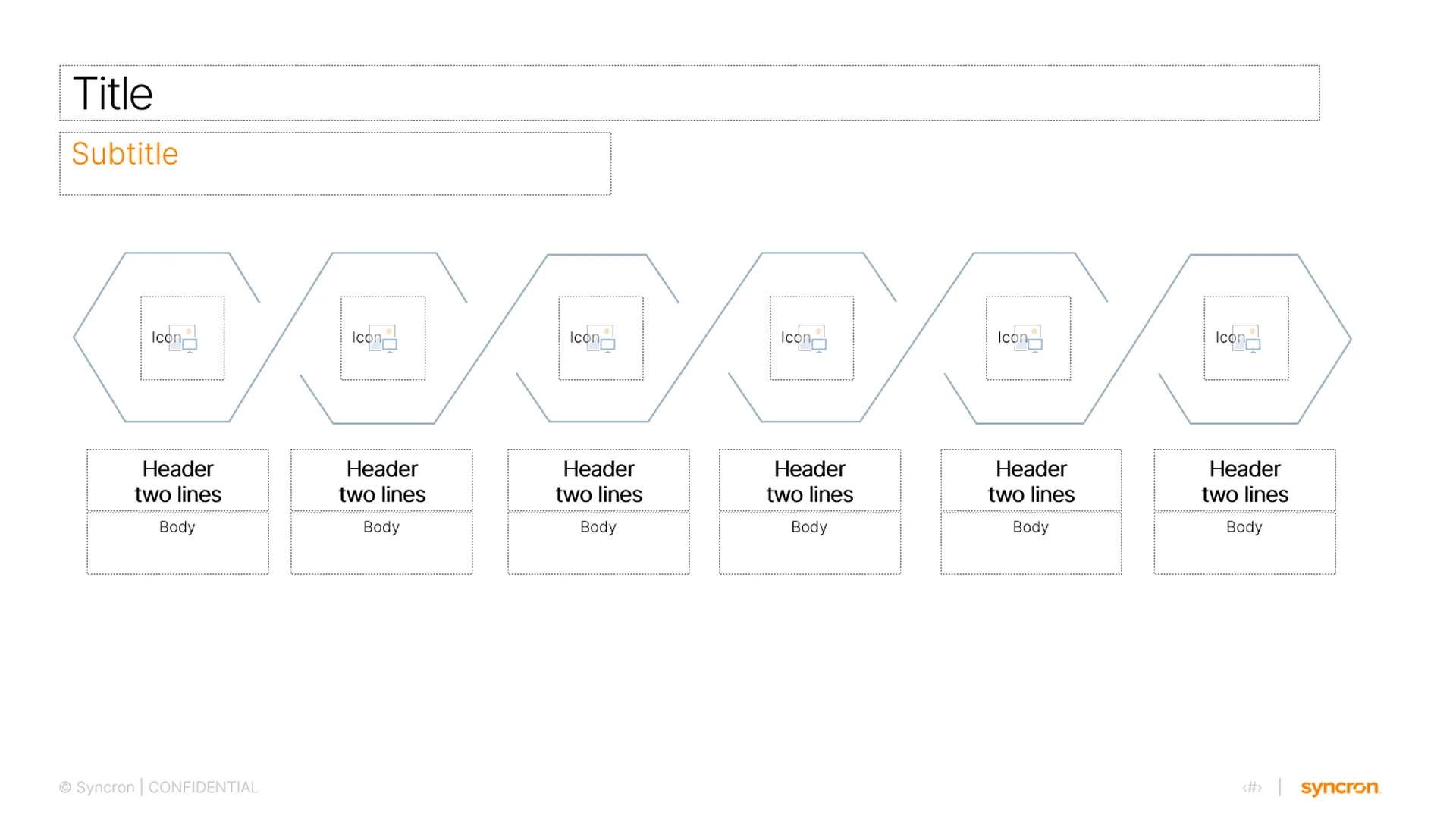 Powerpoint design agency process template using hexagonal steps, designed for Syncron teams to visualize timelines and workflows.