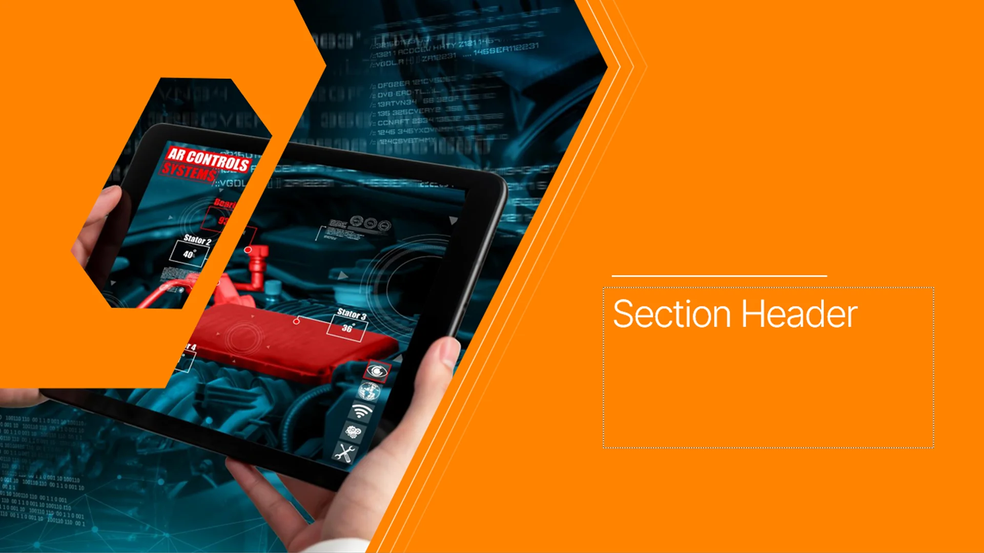 High-impact section header slide with a tablet mockup, styled by a presentation design agency for digital product demos.