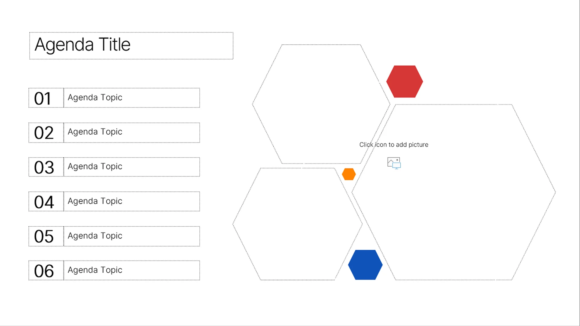 Creative agenda slide with hexagon navigation icons, designed by presentation design services for global use.
