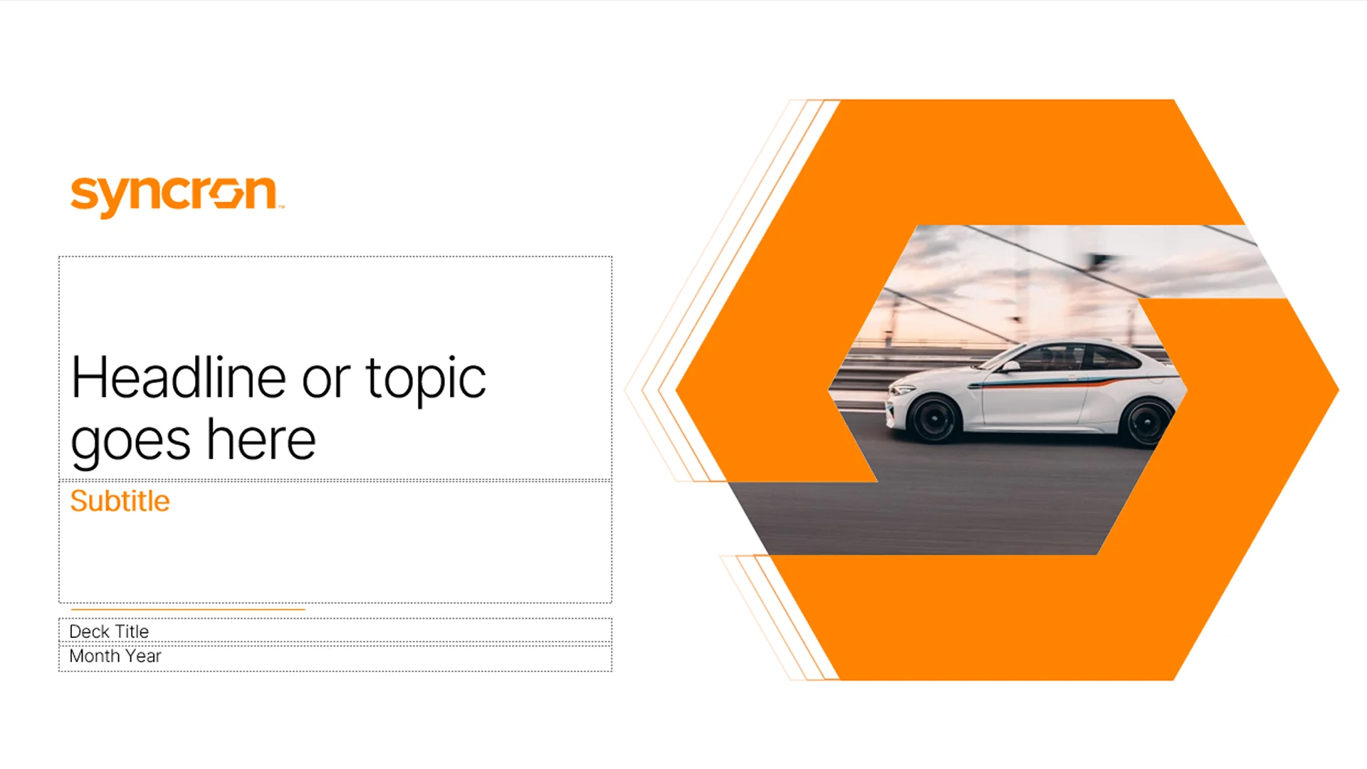 Corporate PowerPoint template cover slide featuring an automotive industry image within a custom hexagon placeholder.