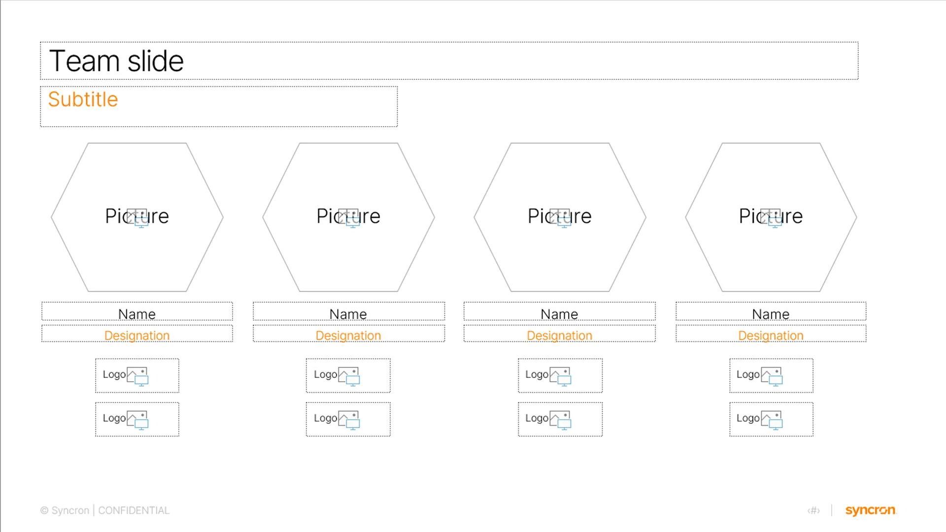 Executive team slide featuring custom hexagon photo placeholders, created by presentation design services for consistent branding.