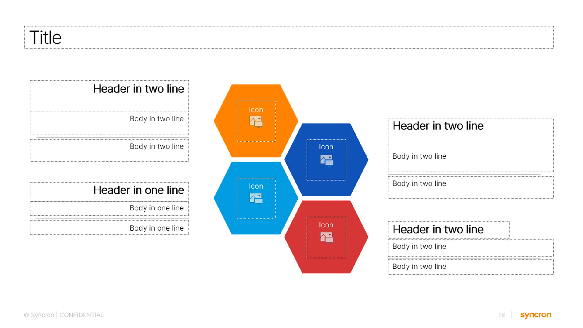 Multi-column content slide with hexagon icon placeholders, designed by presentation design services for versatile use.