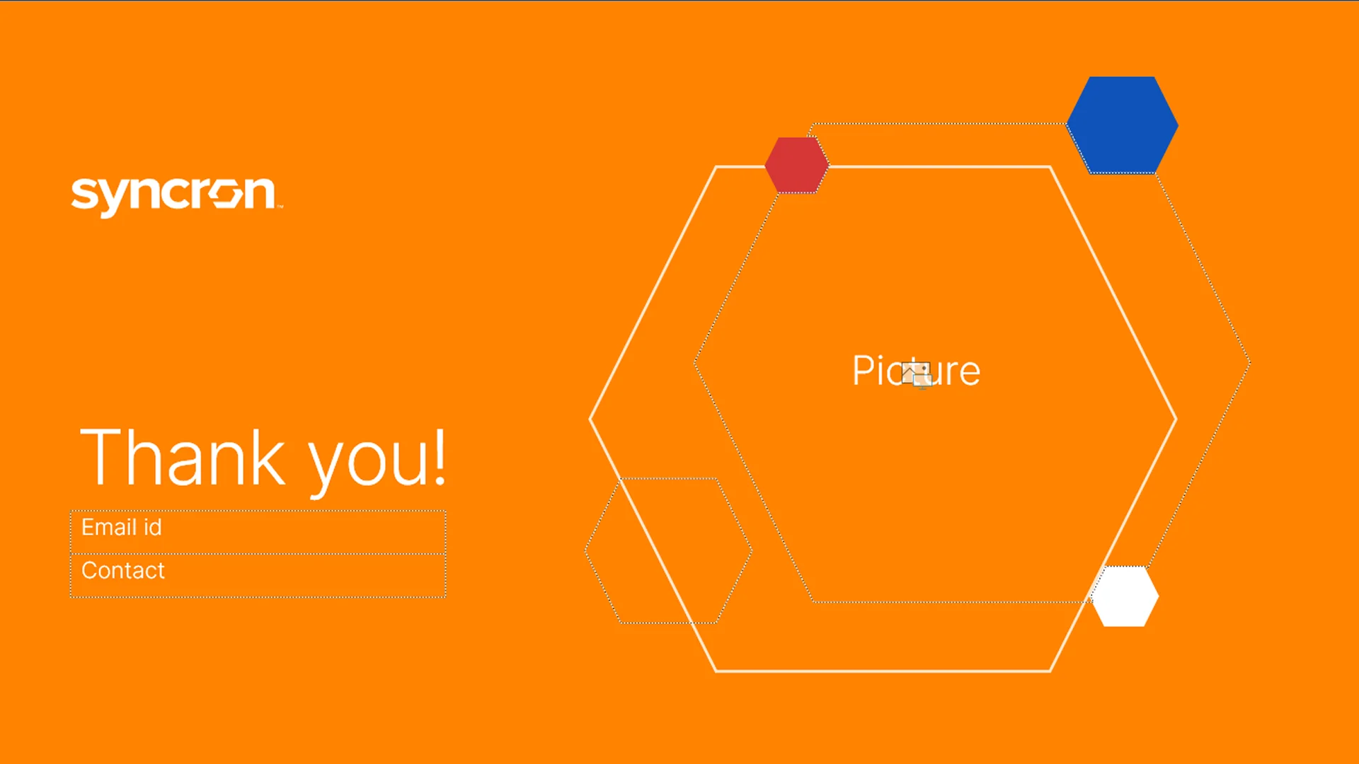 "Thank You" slide featuring a vibrant orange background and custom hexagon graphics, part of the corporate powerpoint template.