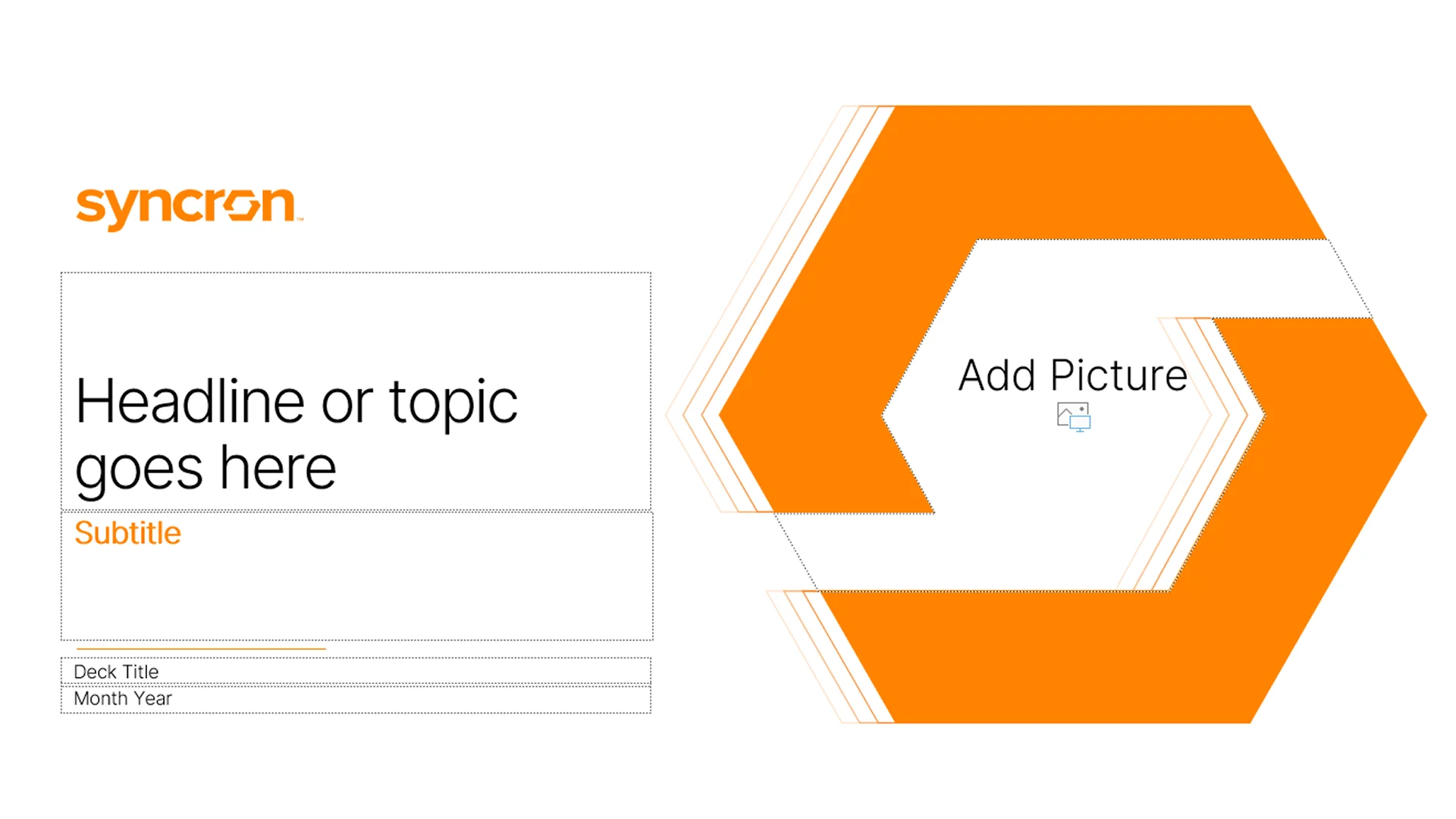 Redesigned title slide featuring custom hexagon image placeholders, a key feature of the new corporate powerpoint template.