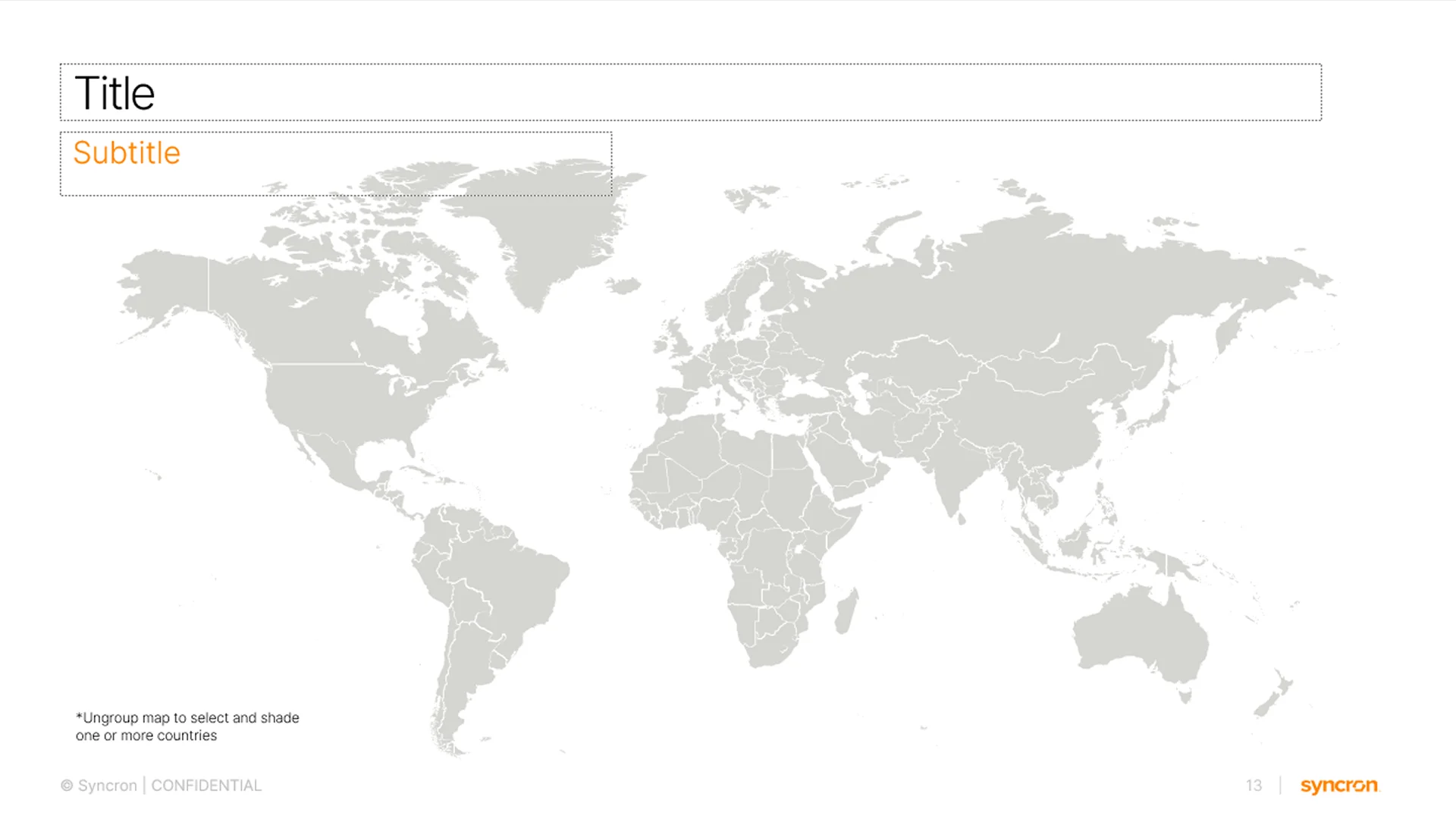 Global map layout for showing international presence, designed by presentation design services for the master deck.