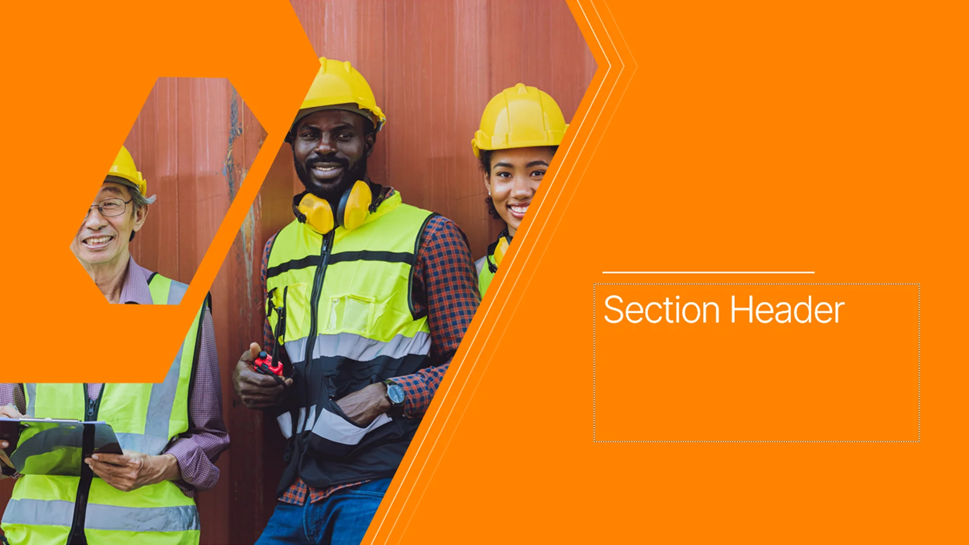 Section header slide with construction team imagery, showcasing the versatility of the corporate powerpoint template.