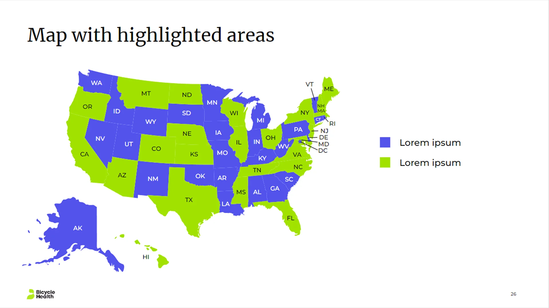 US Map template with highlighted states, a key asset for a scalable corporate presentation template.
