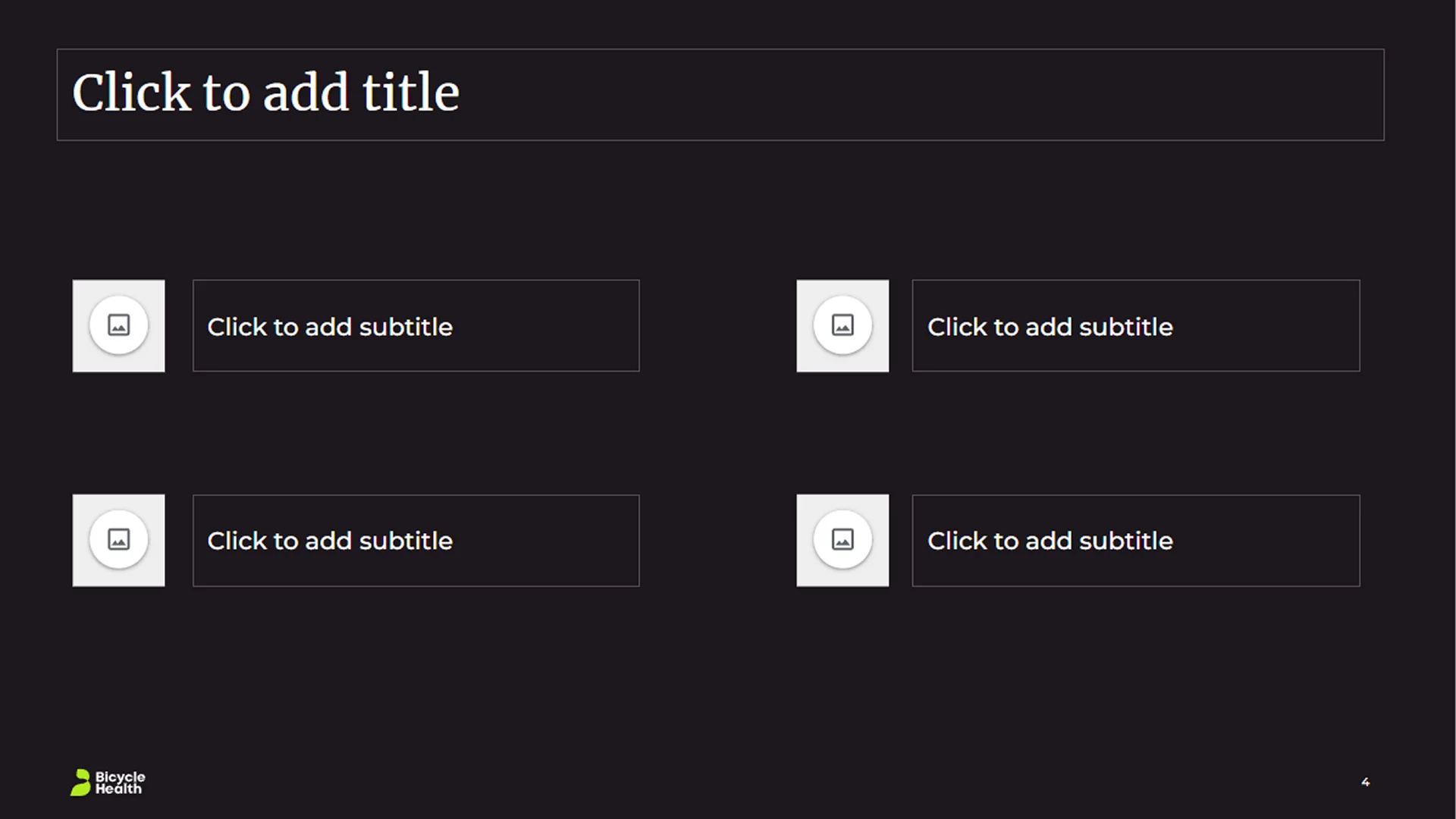Dark theme multi-column slide with icon placeholders, providing variety within the google slides master template.