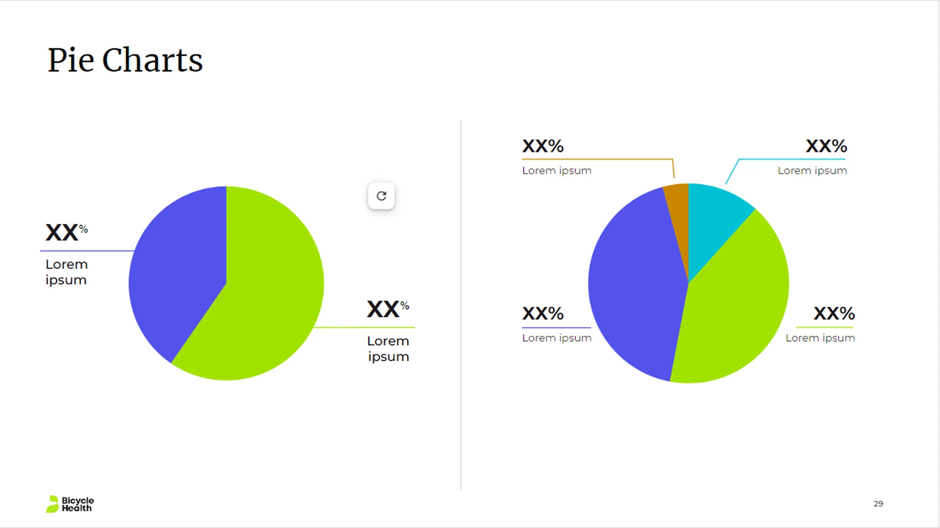 Branded pie chart layouts for data visualization in healthcare presentation design.