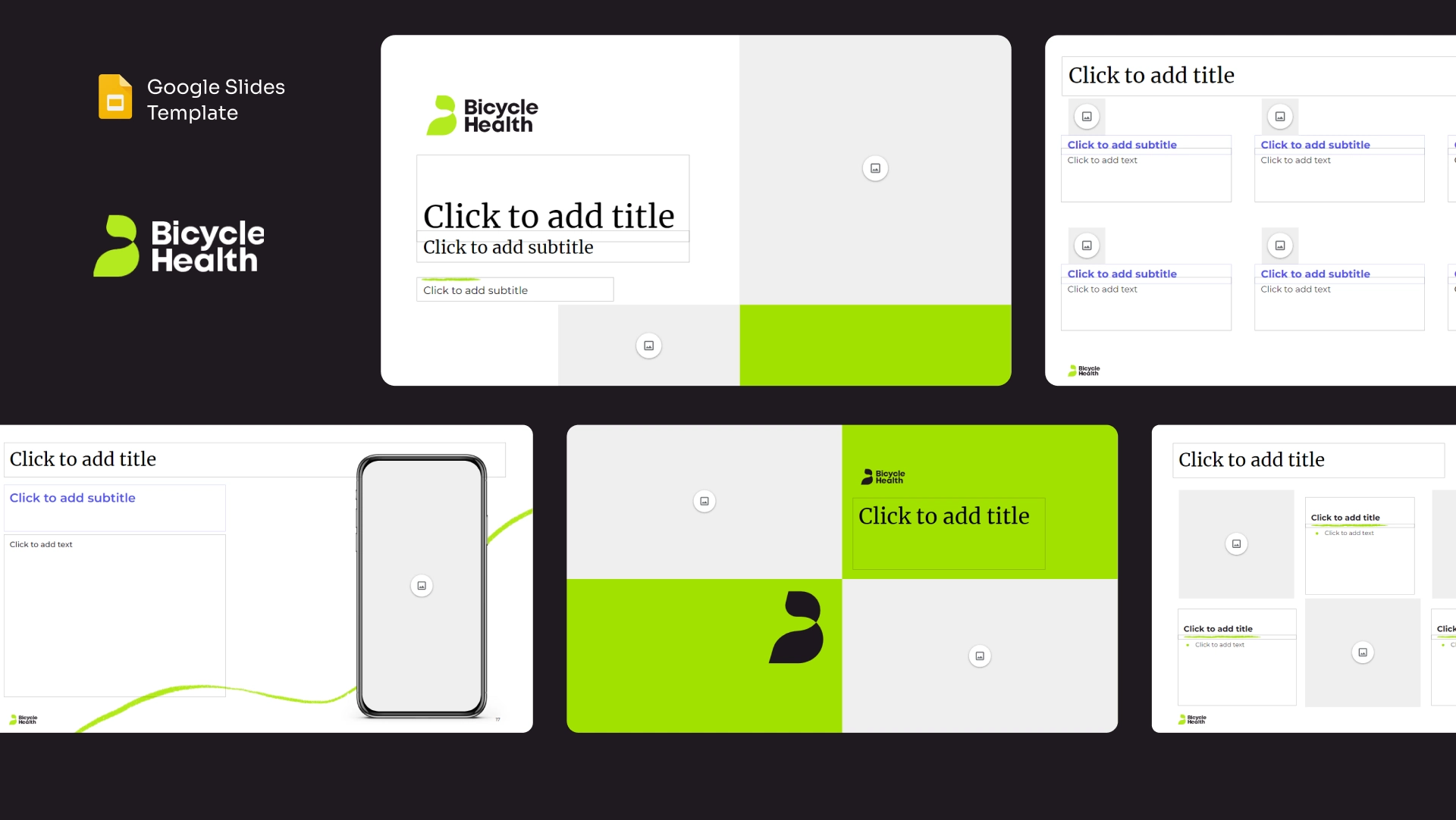 Google Slides master template hero image for Bicycle Health showing a cohesive branded slide deck with custom layouts, mobile mockups, and image placeholders for healthcare presentation design.