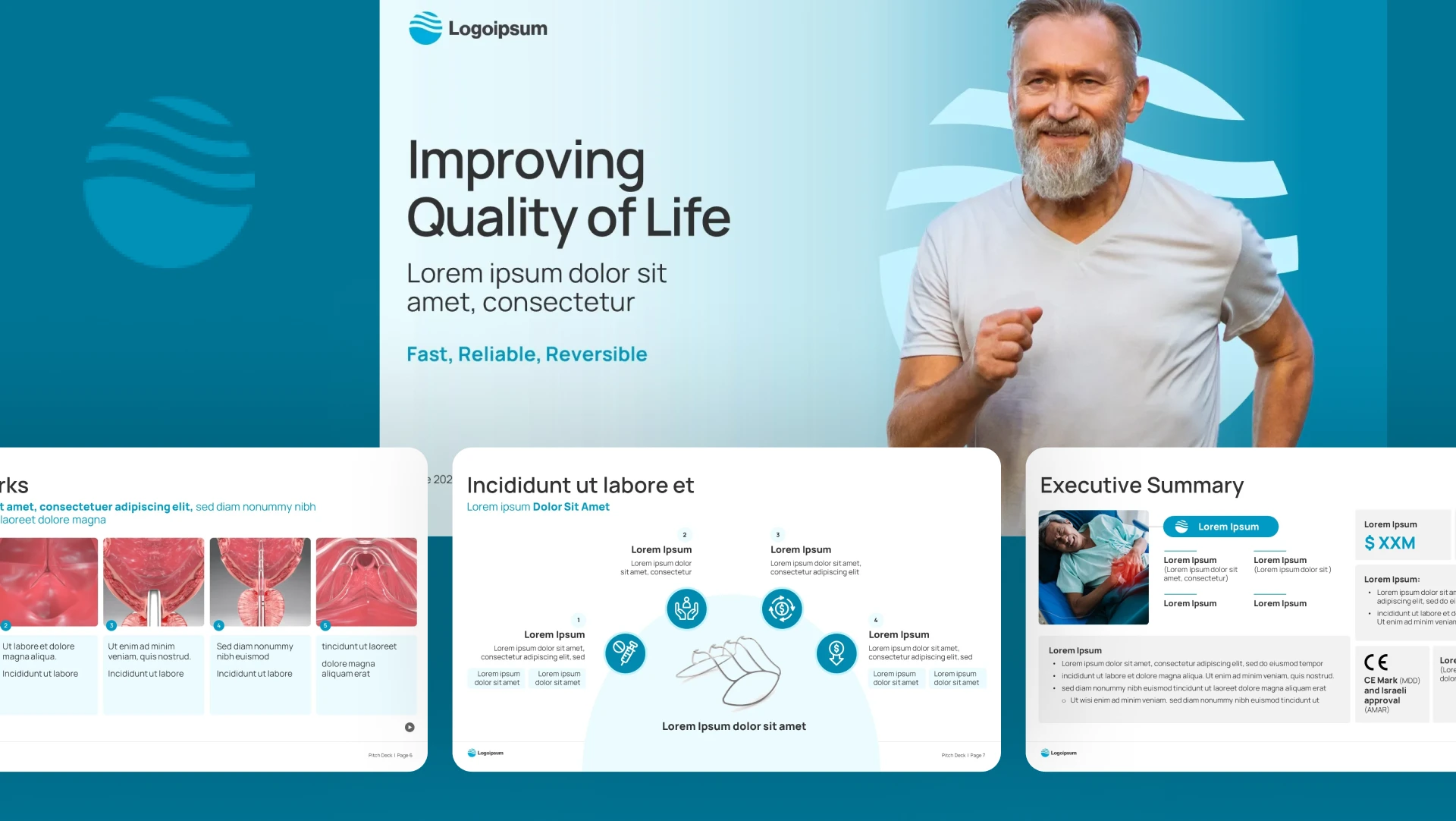 Series B pitch deck hero image for a biotech company featuring "Improving Quality of Life" visuals and anatomical diagrams, designed by presentation 