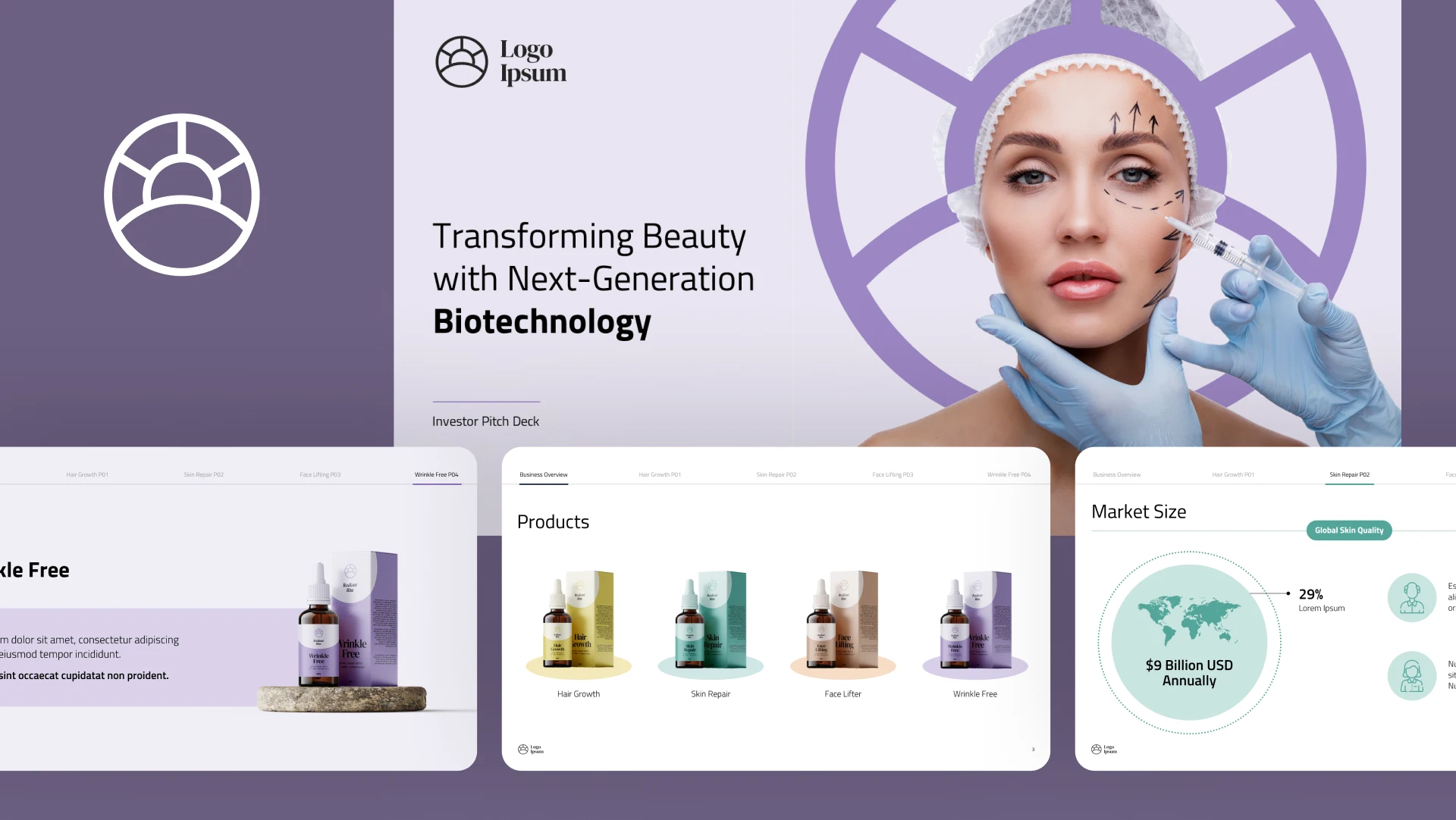 Regenerative medicine pitch deck hero image featuring "Transforming Beauty" visuals and clinical product packaging, designed by presentation design experts for a high-impact biotech pitch deck