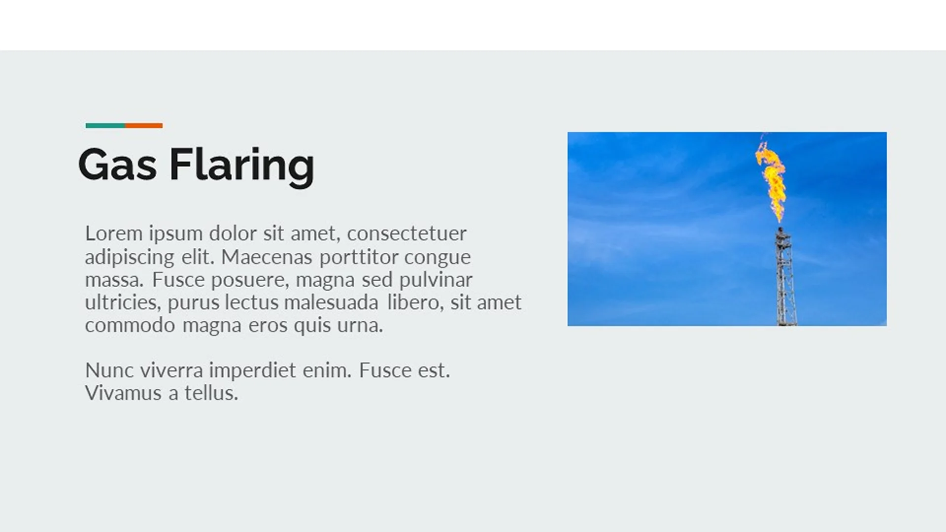 Simple text slide about gas flaring with a stock photo, typical of early drafts needing pitch deck design services.