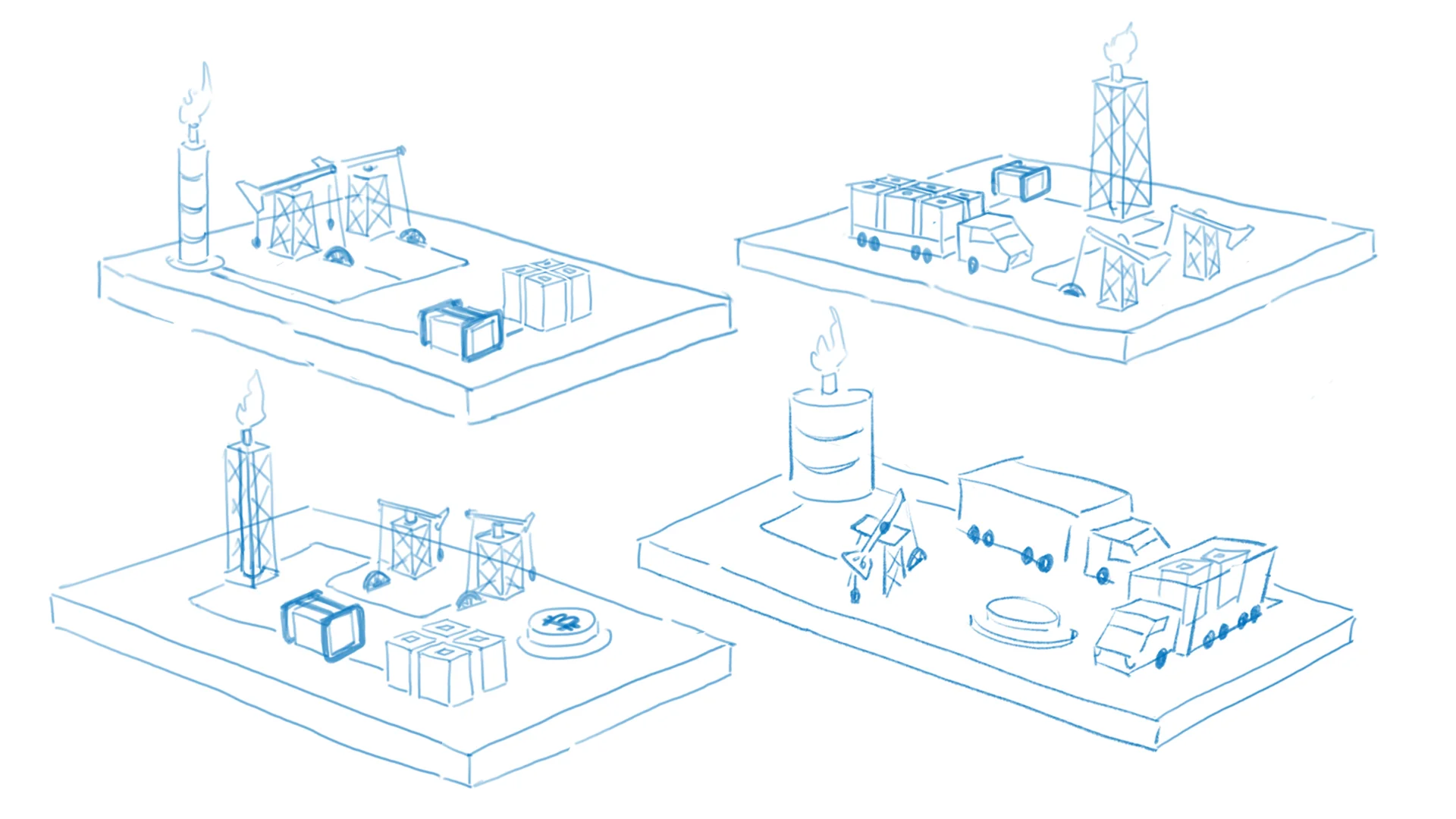 Rough storyboard sketches of oil field infrastructure, used to plan visuals for an investor pitch deck.