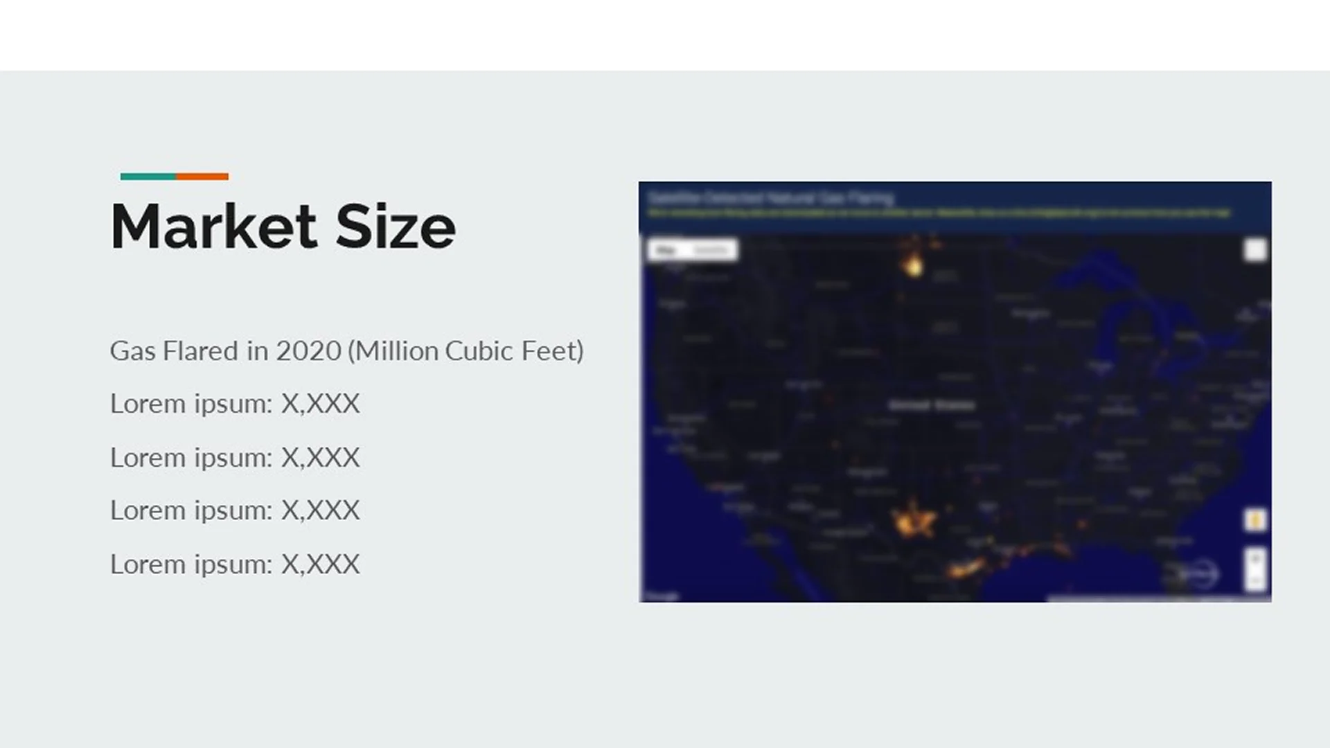 Basic market size slide showing gas flaring locations on a map, needing professional investor pitch deck styling.