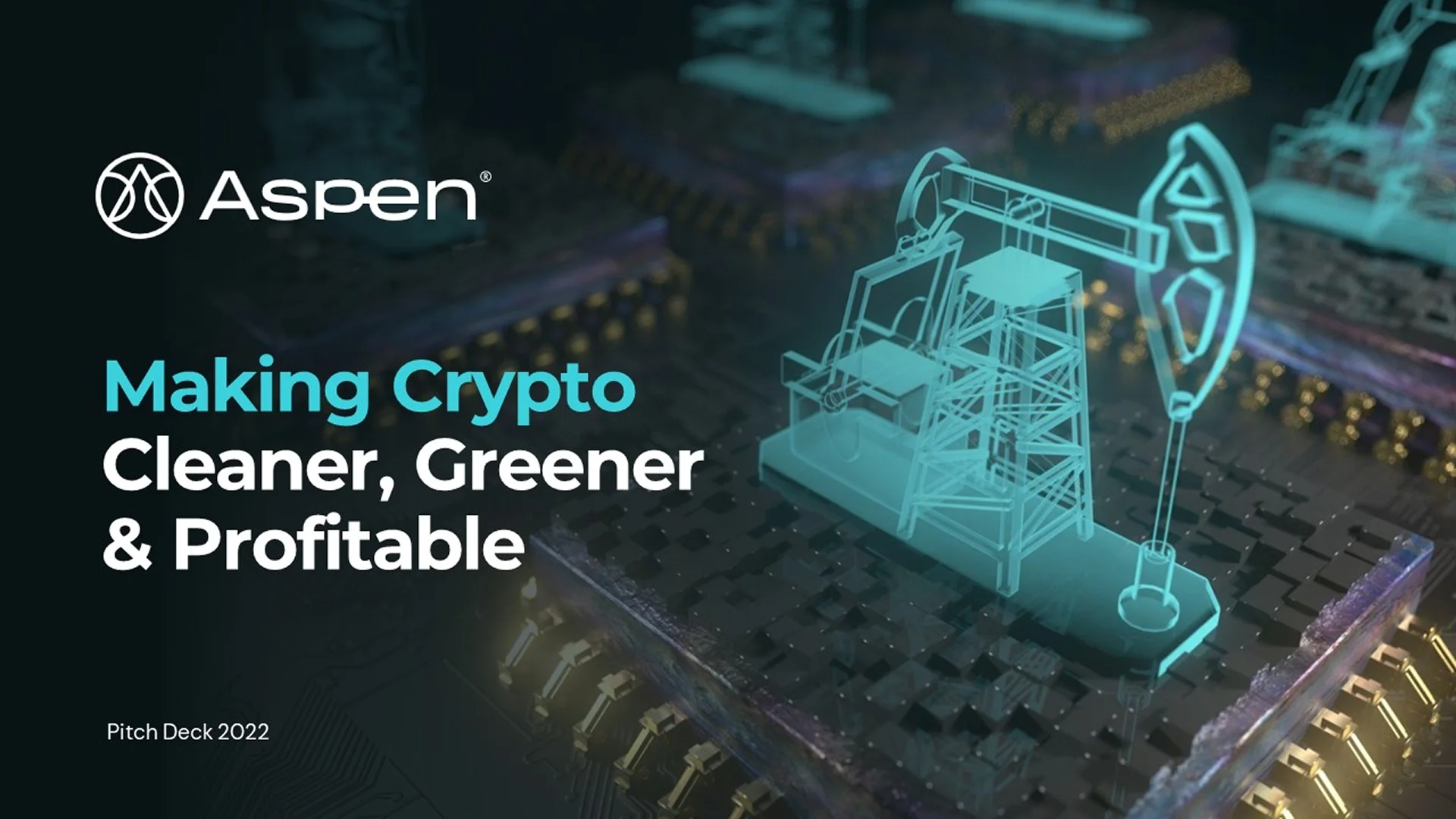 Redesigned blockchain pitch deck title slide featuring a 3D isometric oil rig illustration and value proposition.