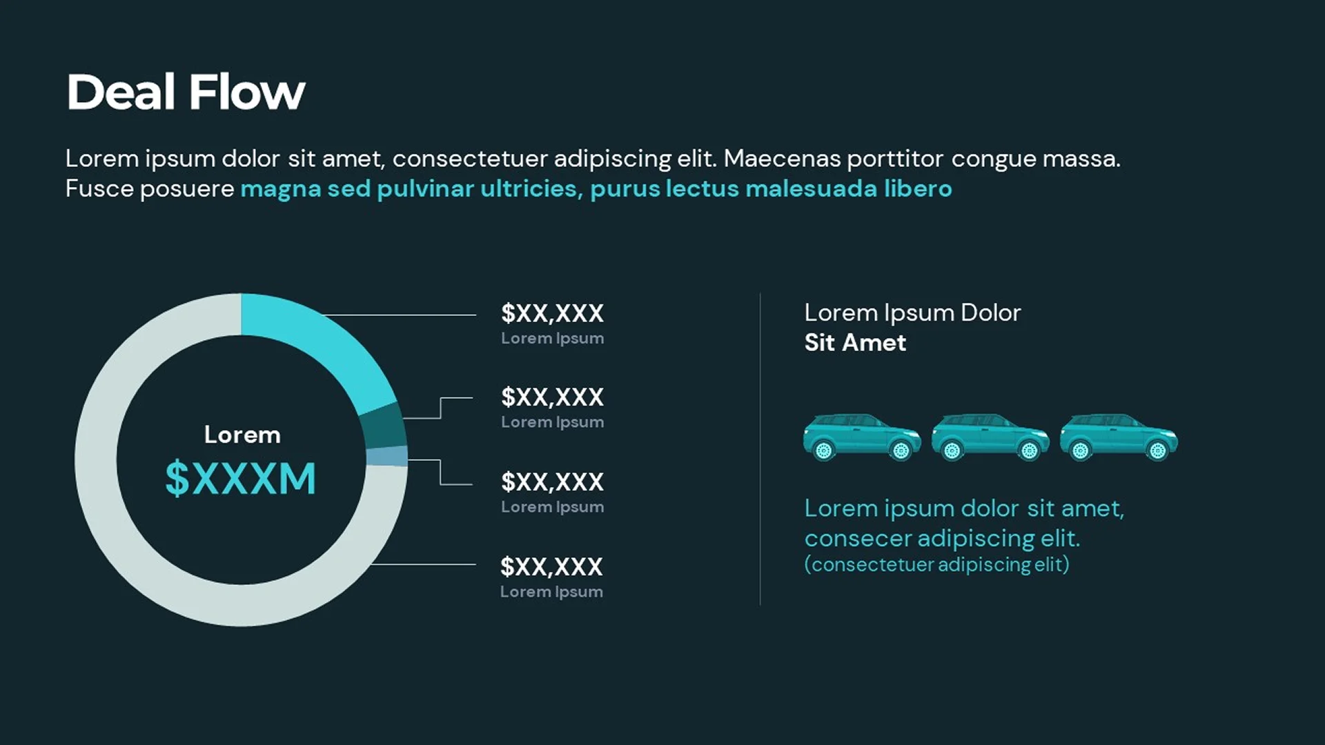 Deal flow and financial slide with a clear donut chart, created by a professional pitch deck agency.