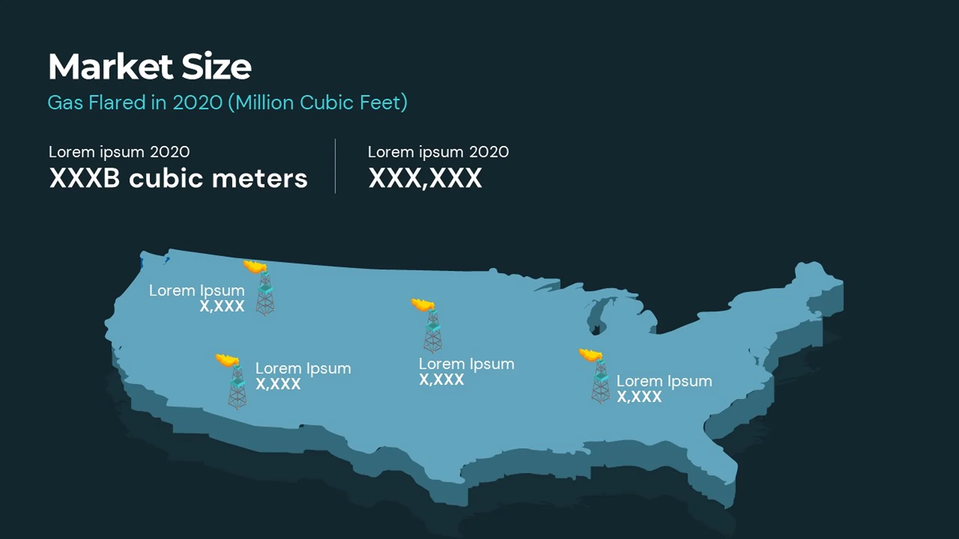 Redesigned market size slide featuring a 3D isometric map visualization of gas flaring sites, essential for an investor pitch deck.