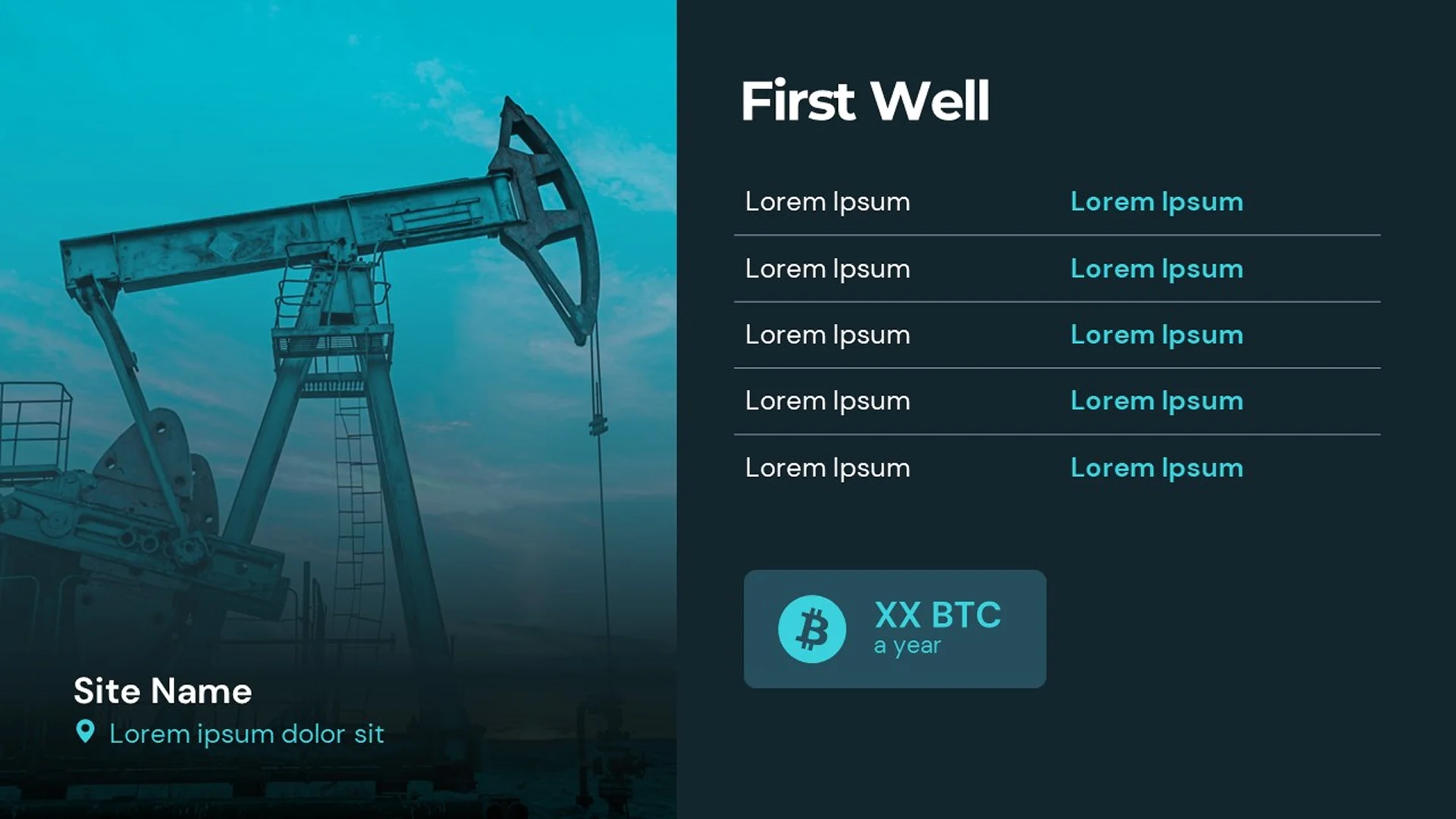 "First Well" production slide with high-quality oil rig photography and clear metrics, styled by pitch deck design services.