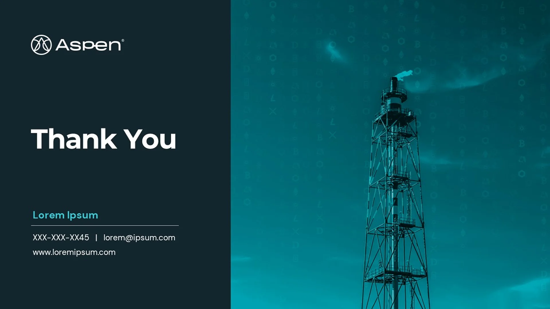 Final "Thank You" slide with contact details and strong brand imagery, completing the blockchain pitch deck.