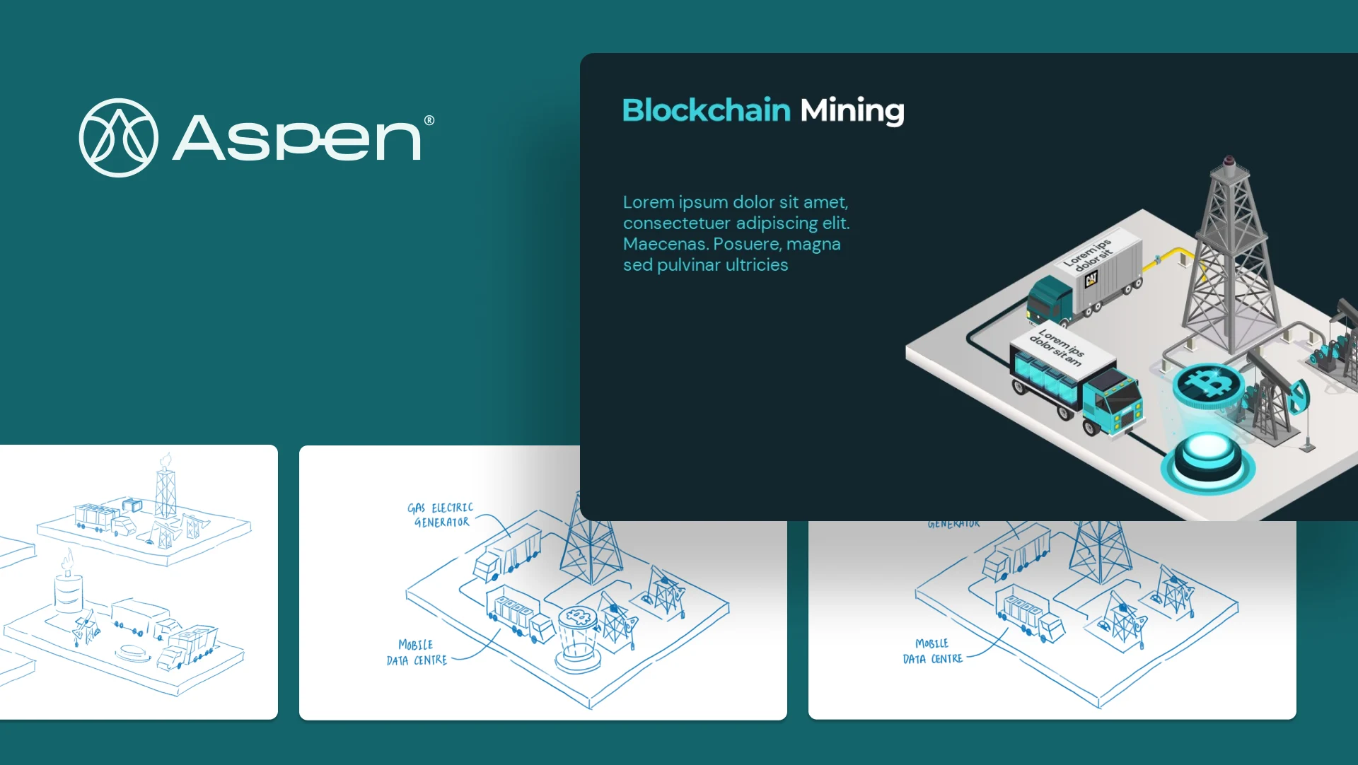 Investor pitch deck hero slide for Aspen Blockchain featuring custom isometric mining illustrations, designed by pitch deck design services.