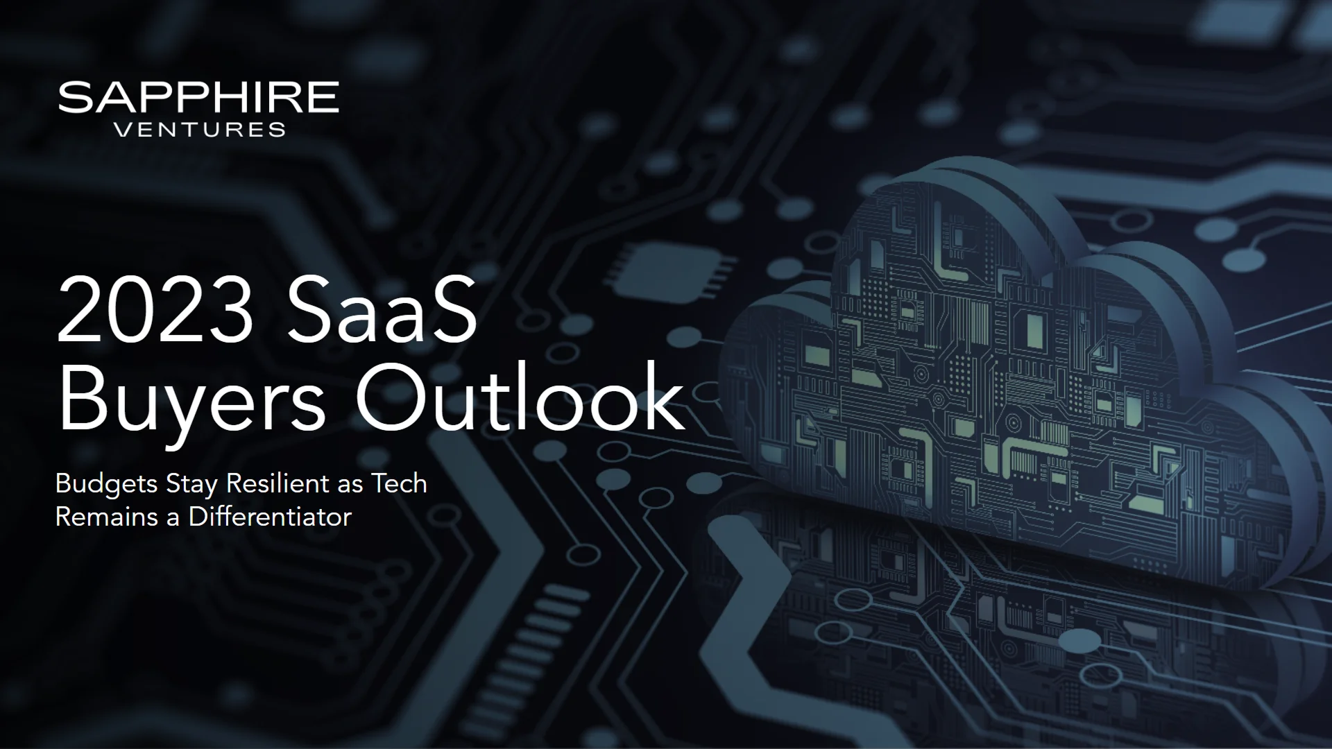 Venture capital presentation cover for the "2023 SaaS Buyers Outlook," featuring a high-tech, modern brand aesthetic.