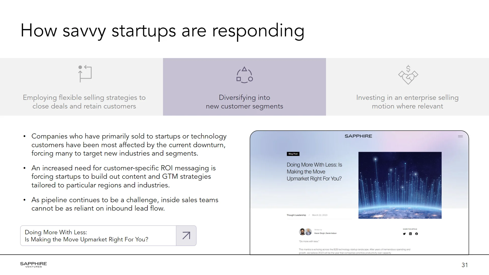 VC fundraising deck response slide showing "How savvy startups are responding" to market shifts through diversification.