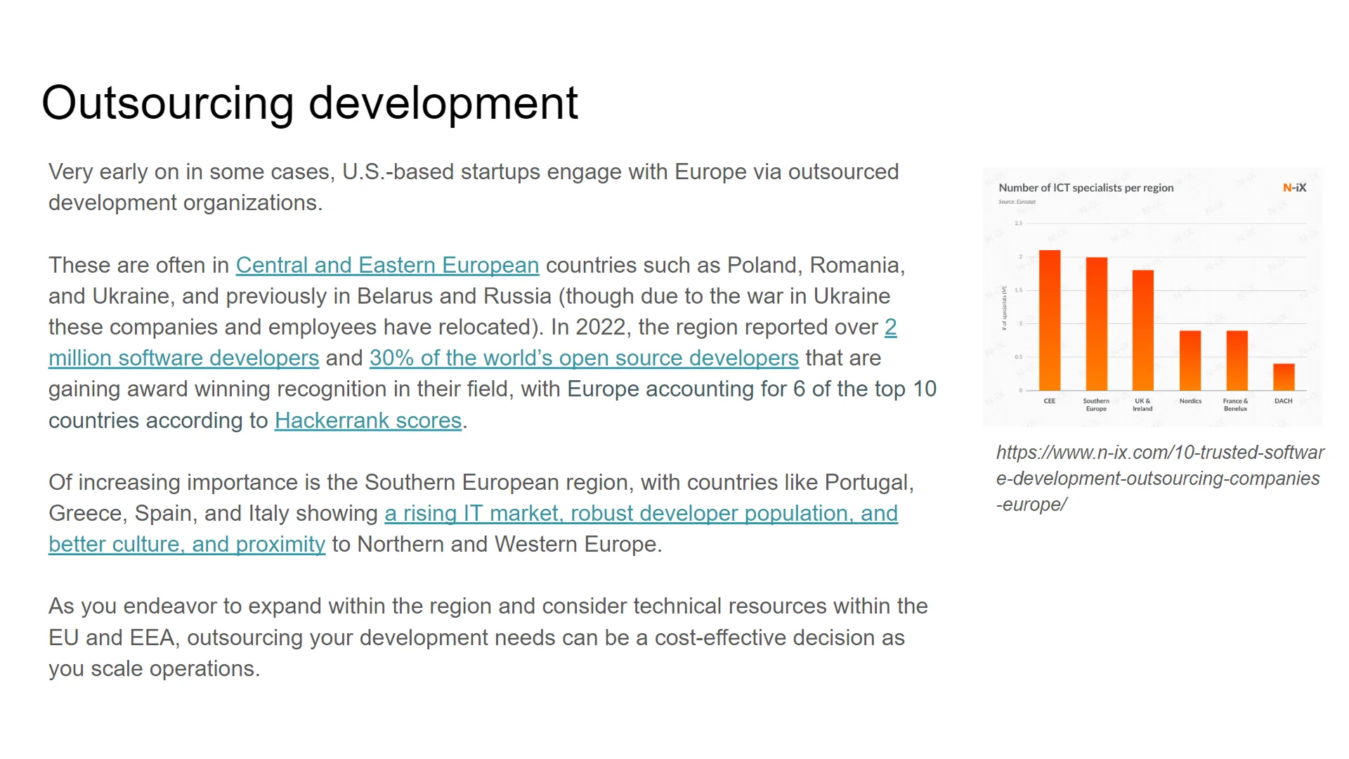 Venture capital presentation draft discussing outsourcing development, featuring a bar chart visualization of regional technical resources.