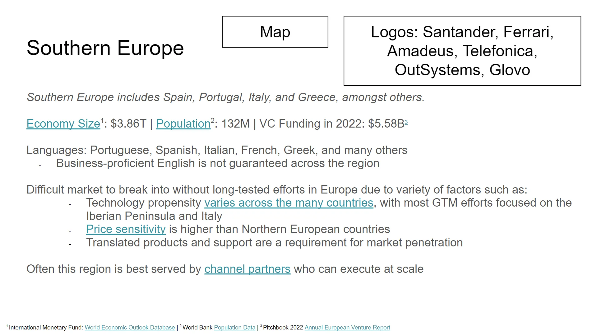 VC fundraising deck draft for Southern Europe expansion, highlighting technology propensity and key regional logos.