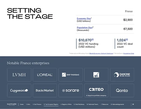 Venture capital presentation "Setting the Stage" slide for France, organizing economic data and notable enterprise logos into a readable hierarchy.