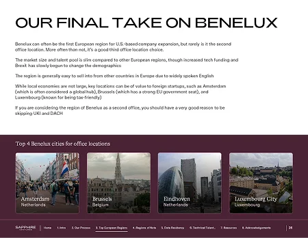 VC pitch deck template slide for "Our Final Take on Benelux," featuring city-specific office location insights and landscape photography.
