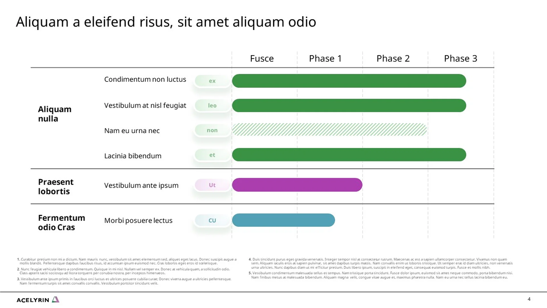 Corporate overview deck featuring a pitch deck slide with Acelyrin's biopharma development timeline. This pitch decks presentation outlines clinical phases for transformative medicines.