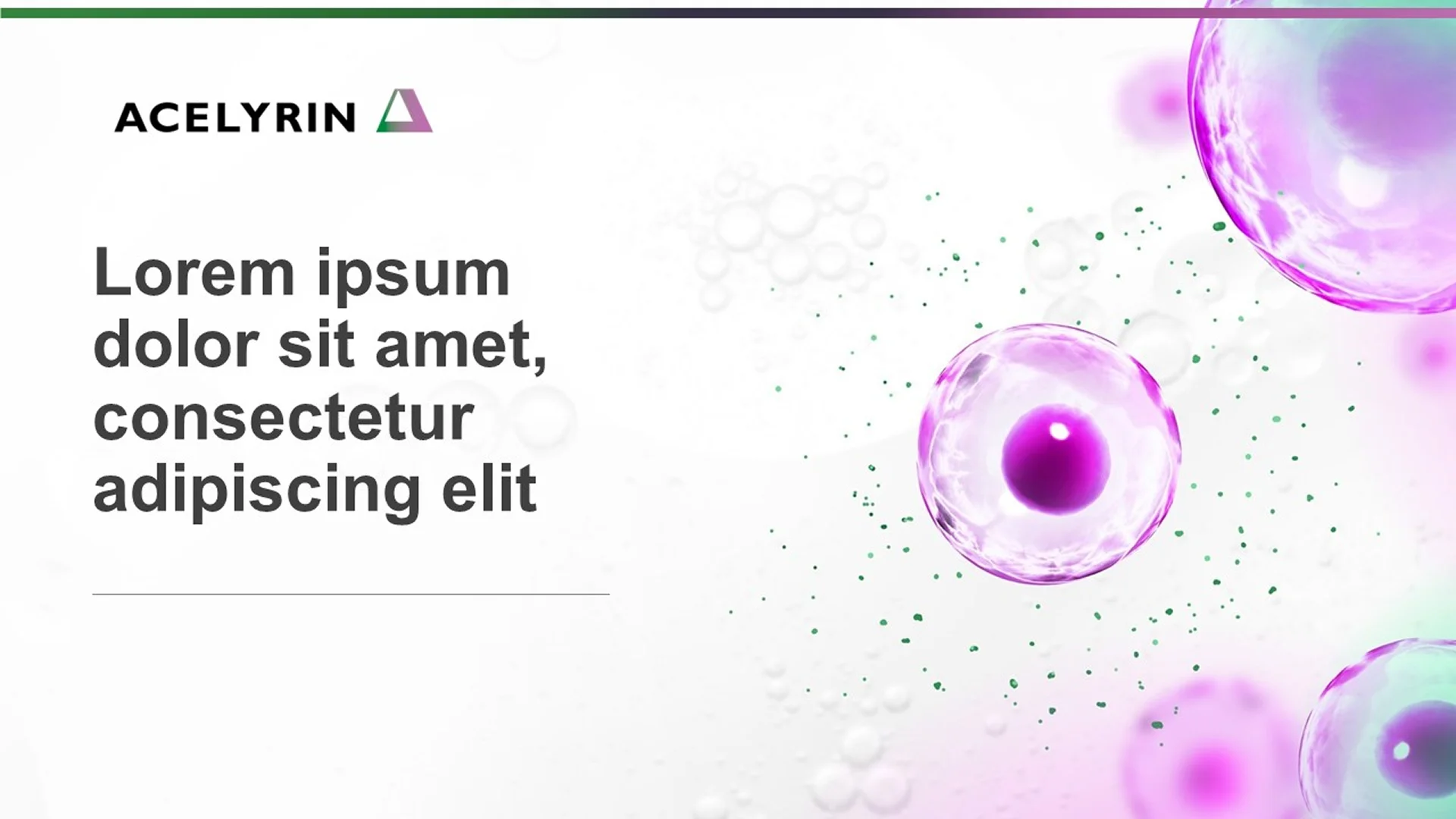 Corporate overview deck for Acelyrin featuring a pitch deck slide with a cellular graphic. This biopharma pitch decks presentation includes scientific slides with a focus on clear messaging.