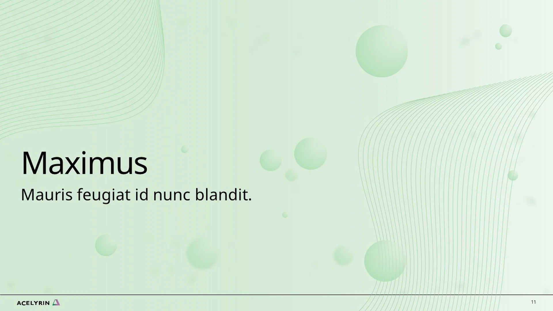 Corporate overview deck featuring a pitch deck slide with a minimalist design for Acelyrin. This biopharma pitch decks placeholder slide emphasizes clean branding.