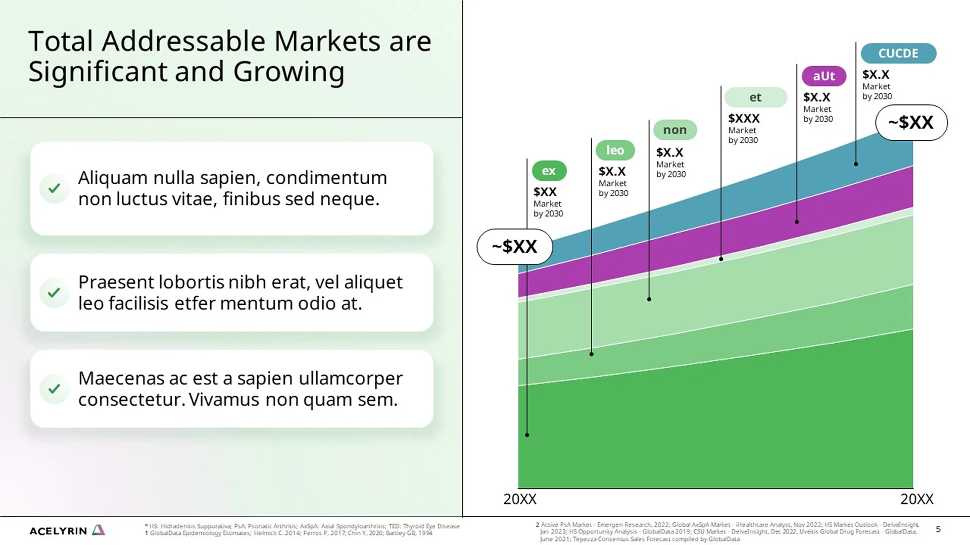 Corporate overview deck featuring a pitch deck slide with Acelyrin's clinical data progress chart. This biopharma pitch decks presentation displays treatment efficacy over weeks.