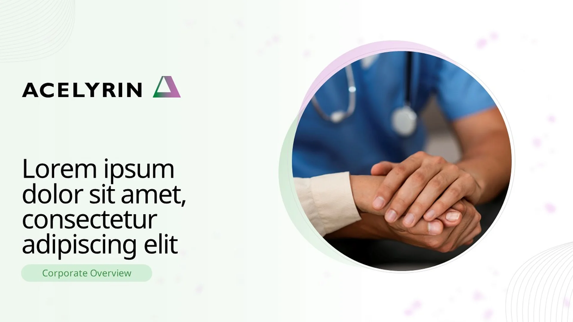 Corporate overview deck showcasing a pitch deck slide with Acelyrin's healthcare brand messaging. This biopharma pitch decks presentation highlights a professional and transformative medicine focus.