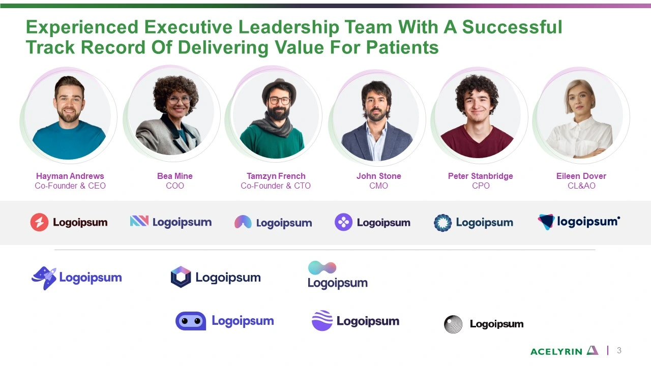 Corporate overview deck highlighting Acelyrin's pitch deck with an experienced leadership team. This biopharma pitch decks slide features executive profiles delivering value for patients.