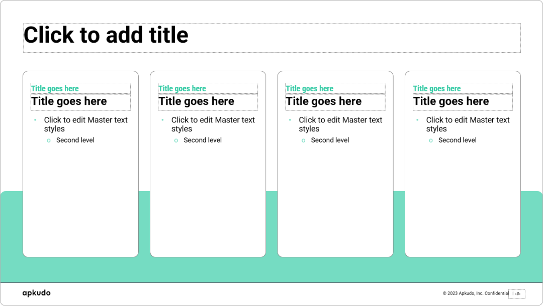 A four-column slide layout from a powerpoint master template, designed for presenting multiple points or categories clearly. This versatile master template provides an organized structure, making it an ideal powerpoint template for detailed analysis or feature lists.