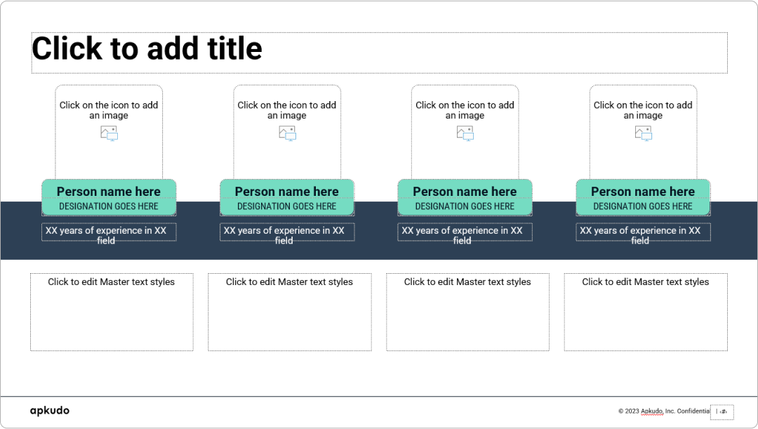 A four-member team slide layout from a powerpoint master template, designed for showcasing key leadership or advisory personnel. This professional master template allows for comprehensive biographical information, making it an excellent powerpoint template for detailed team introductions.