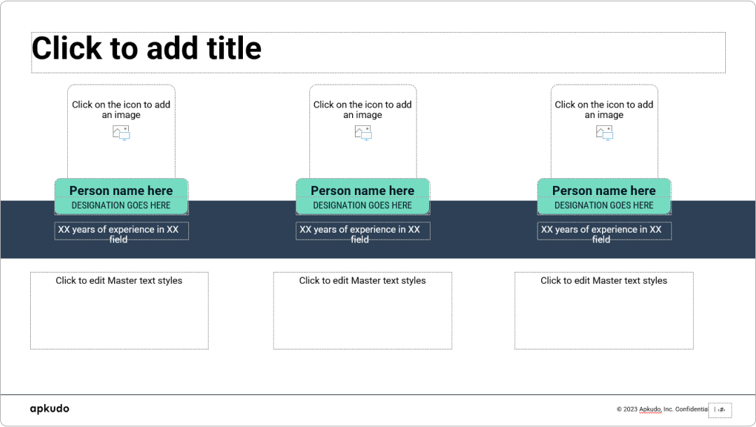 A three-member team slide layout from a powerpoint master template, designed for showcasing key personnel with their profiles. This professional master template allows for detailed biographical information, making it an excellent powerpoint template for team introductions.