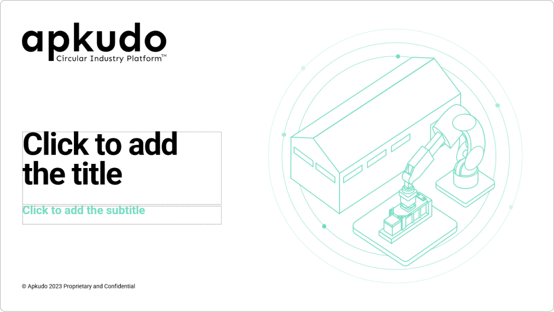 A light-themed title slide from a powerpoint master template, featuring the 'apkudo Circular Industry Platform' logo and an industrial illustration. This versatile master template is ideal for technology and manufacturing presentations, showcasing a sleek powerpoint template design in a bright format.